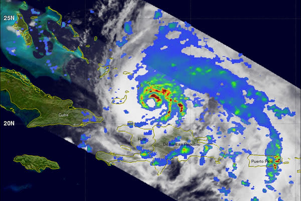 Dieses TRMM-Bild (Tropical Rainfall Measuring Mission) zeigt die Regenintensität innerhalb von „Irene“ am 23. August. (Bild: SSAI/NASA, Hal Pierce)