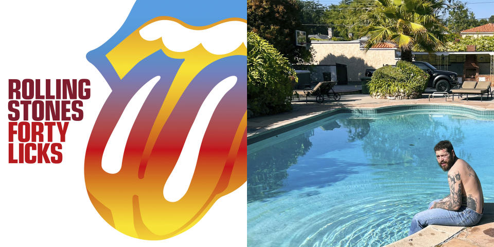 This combination of photos shows "Forty Licks," a reissuing of the 2002 album by The Rolling Stones, left, and “Austin,” a new album by Post Malone. (UMe, left, and Mercury Records/Republic Records via AP)