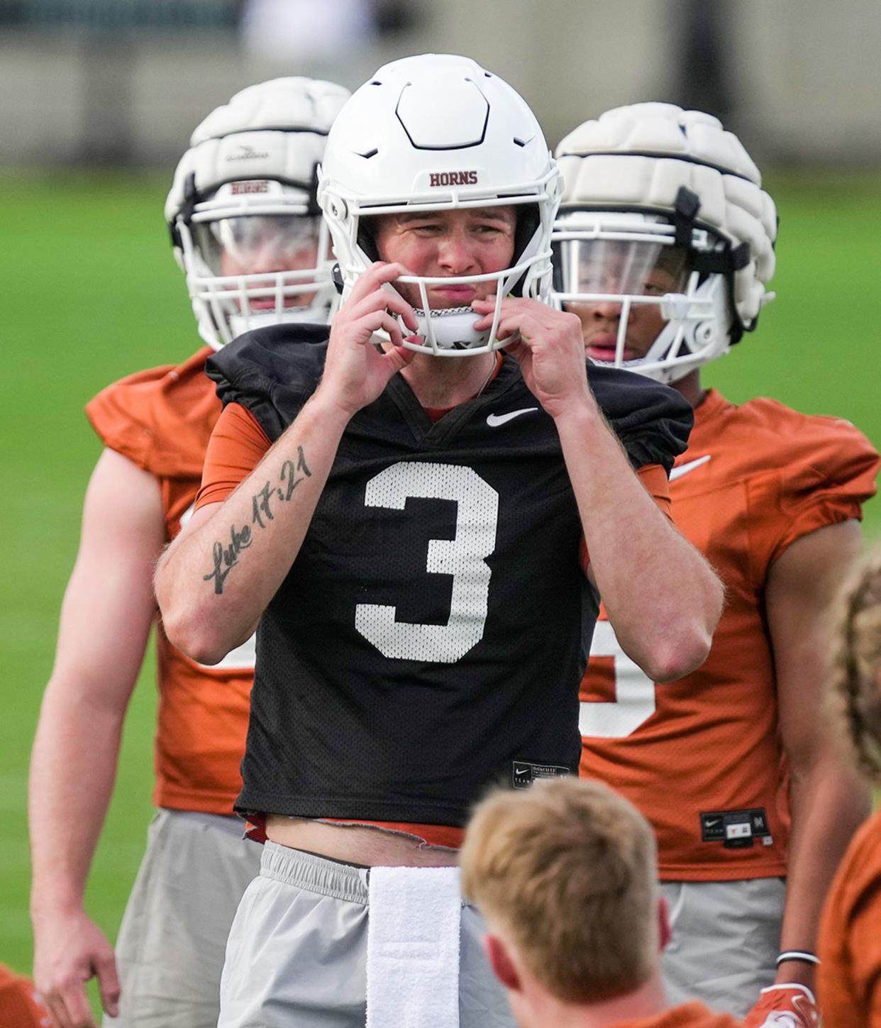 Texas quarterback Quinn Ewers reported to Tuesday's first spring football practice 10 pounds heaver than he was last season, and head coach Steve Sarkisian would like to see him add maybe 4-5 more pounds to his 204-pound frame.