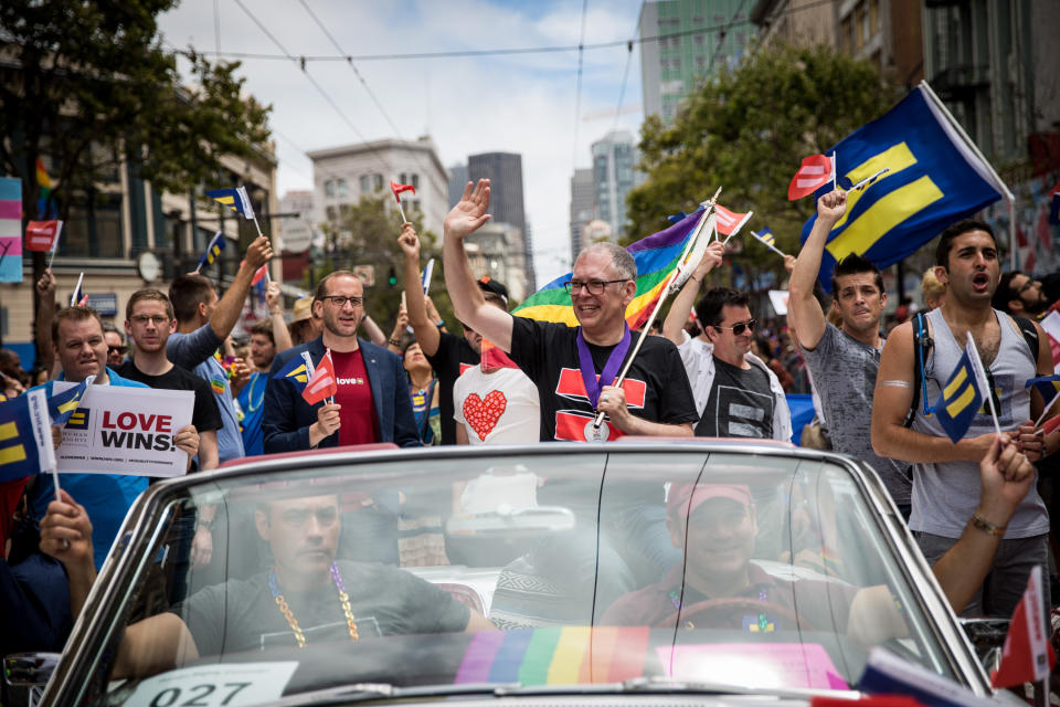 Supreme Court plaintiff Jim Obergefell rides in a convertible in the San Francisco Gay Pride Parade on June 28, 2015. Obergefell won a landmark Supreme Court decision&nbsp;that&nbsp;allowed same-marriages across the United States. (Photo: Max Whittaker via Getty Images)