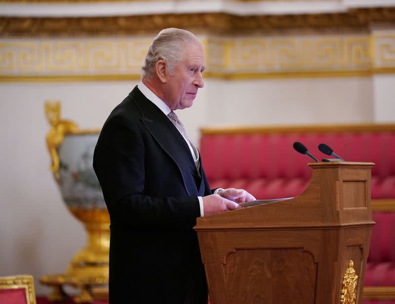 FILE PHOTO: Britain's King Charles attends a presentation of loyal addresses by the privileged bodies, at a ceremony at the Buckingham Palace in London