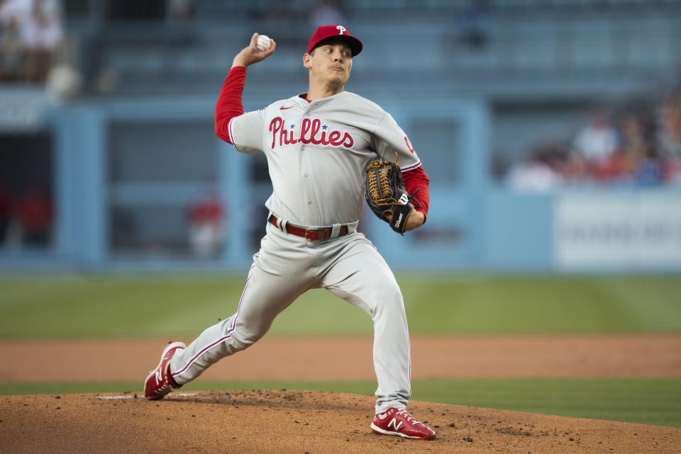 Philadelphia Phillies starting pitcher Spencer Howard delivers during the first inning of a baseball game against the Los Angeles Dodgers in Los Angeles, Monday, June 14, 2021. (AP Photo/Kyusung Gong)