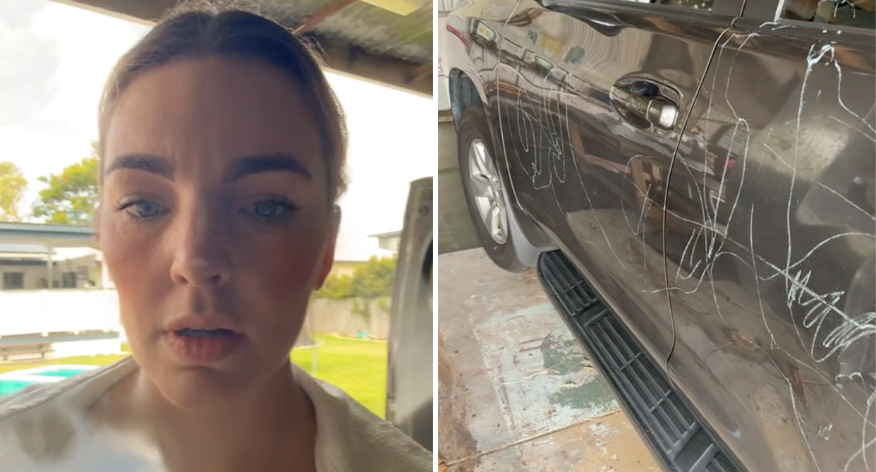 The mum looks shocked at the camera (left) while looking at the white chalk doodles all over the Land Cruiser (right). 
