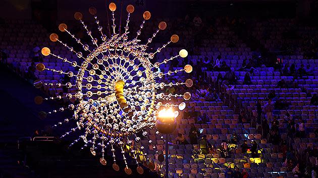 Another angle of the Olympic cauldron as seen prior to the Closing Ceremony. Pic: Getty