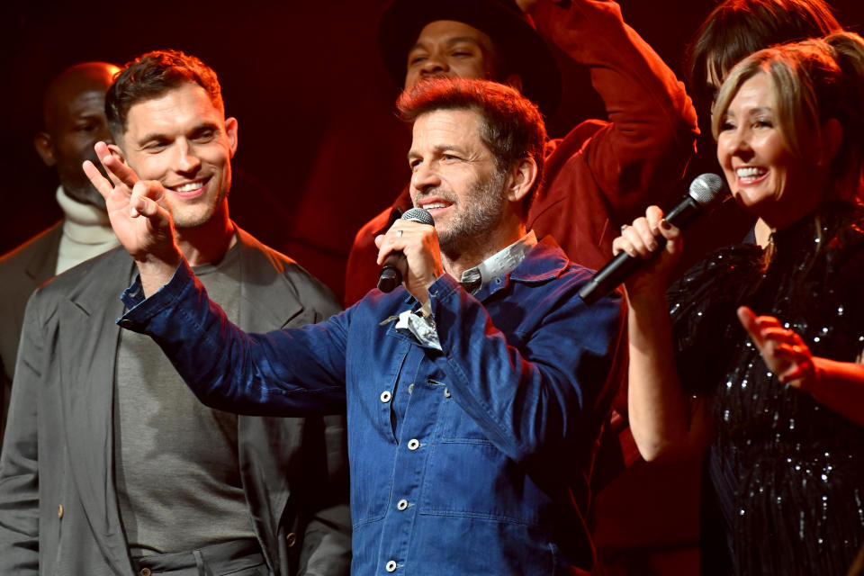 QUEENS, NEW YORK - APRIL 03: (L-R) Ed Skrein, Zack Snyder, and Deborah Snyder appear onstage during Netflix's Rebel Moon Part Two: Songs Of The Rebellion Album Release Event at Knockdown Center on April 03, 2024 in Queens, New York.  (Photo by Noam Galai/Getty Images for Netflix)