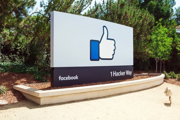 The thumbs-up sign outside the main entrance to Facebook HQ