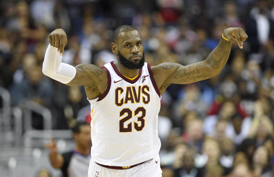 LeBron James gestures after a basket during the second half of his 57-point performance against the Wizards. (AP)