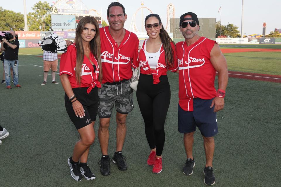 NEW YORK, NEW YORK - AUGUST 12: (L-R) Teresa Giudice, Luis Ruelas, Melissa Gorga and Joe Gorga of The Real Housewives of New Jersey attend the 2021 Battle for Brooklyn celebrity softball game at Maimonides Park, Coney Island on August 12, 2021 in New York City. (Photo by Rob Kim/Getty Images)