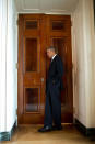 <p>“Through a crack in the door, the President listens as Lilly Jay related her experience as a sexual assault survivor during the launch of the ‘It’s On Us’ campaign, a new public awareness and action campaign designed to prevent sexual assault at colleges and universities in the East Room on September 19, 2014.” (Pete Souza/The White House) </p>