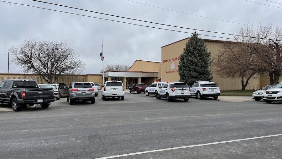 Police respond to a potential threat at Spanish Fork High School Wednesday morning. Officials said it was one of several Utah schools included in a hoax sweeping the U.S.