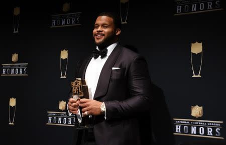 FILE PHOTO: Feb 3, 2018; Minneapolis, MN, USA; Defensive Player of the Year winner Aaron Donald of the Los Angeles Rams during media availabilities during the NFL Honors show at Cyrus Northrop Memorial Auditorium at the University of Minnesota. Mandatory Credit: Kirby Lee-USA TODAY Sports