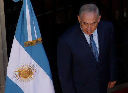 Israeli Prime Minister Benjamin Netanyahu pays homage to Argentine hero Jose de San Martin at San Martin Palace in Buenos Aires, Argentina September 12, 2017. REUTERS/Martin Acosta