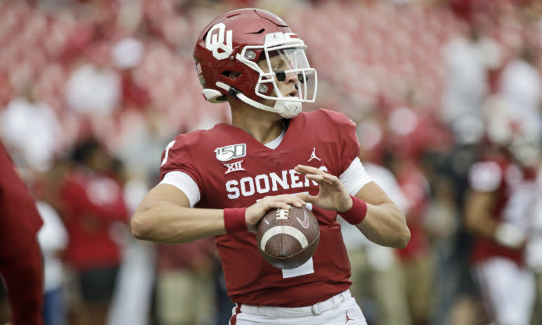 Oklahoma freshman QB Spencer Rattler drops back to throw.