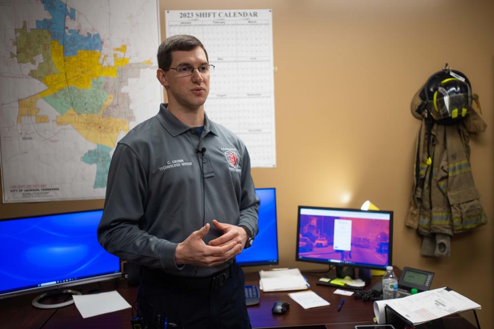 JFD Tech Officer Cory Cronin speaks about the new JFD Community Connect in Jackson, Tenn., on Tuesday, Nov. 28, 2023.