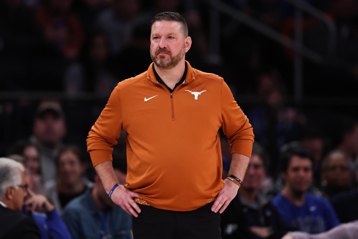 NEW YORK, NEW YORK - DECEMBER 06: Texas Longhorns head coach Chris Beard looks on during the second half of the game against the Illinois Fighting Illini at Madison Square Garden on December 06, 2022 in New York City. (Photo by Dustin Satloff/Getty Images)