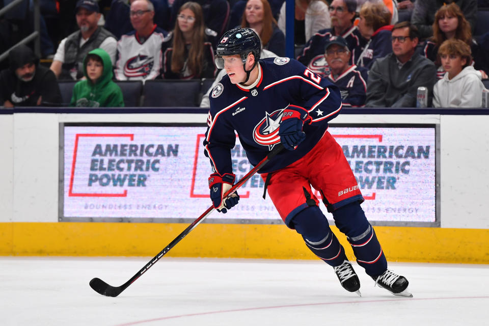 COLUMBUS, OHIO - OCTOBER 12: Patrik Laine #29 of the Columbus Blue Jackets skates during the second period of a game against the Philadelphia Flyers at Nationwide Arena on October 12, 2023 in Columbus, Ohio. (Photo by Ben Jackson/NHLI via Getty Images)