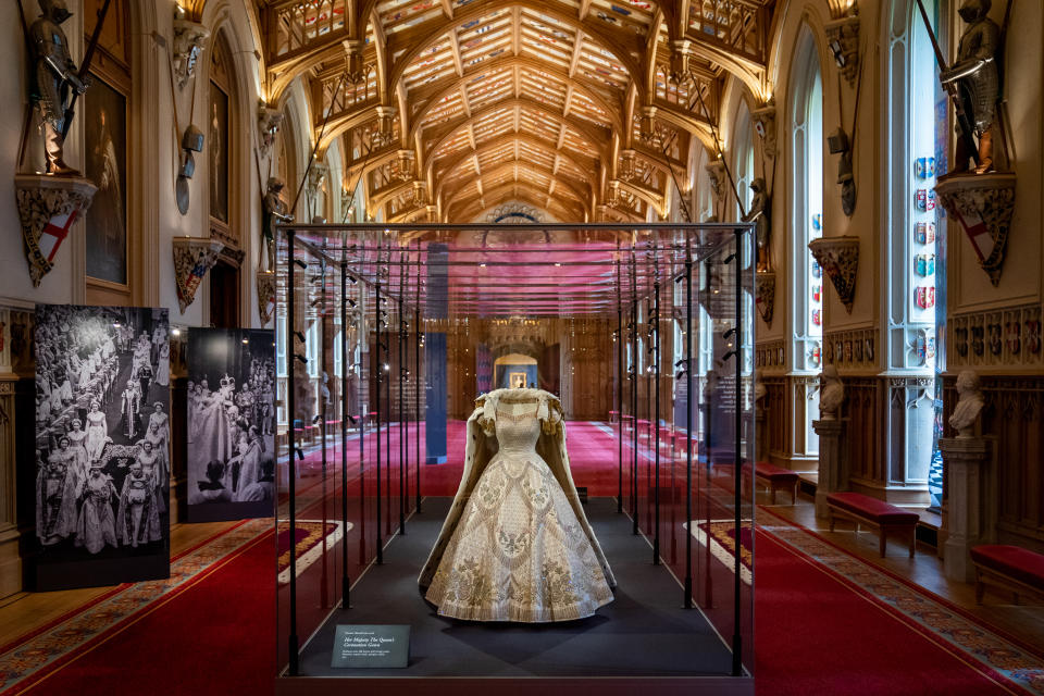 The Queen's Coronation gown on display at Platinum Jubilee: The Queen's Coronation, a special exhibition being held in St George's Hall and the Lantern Lobby at Windsor Castle. (PA)