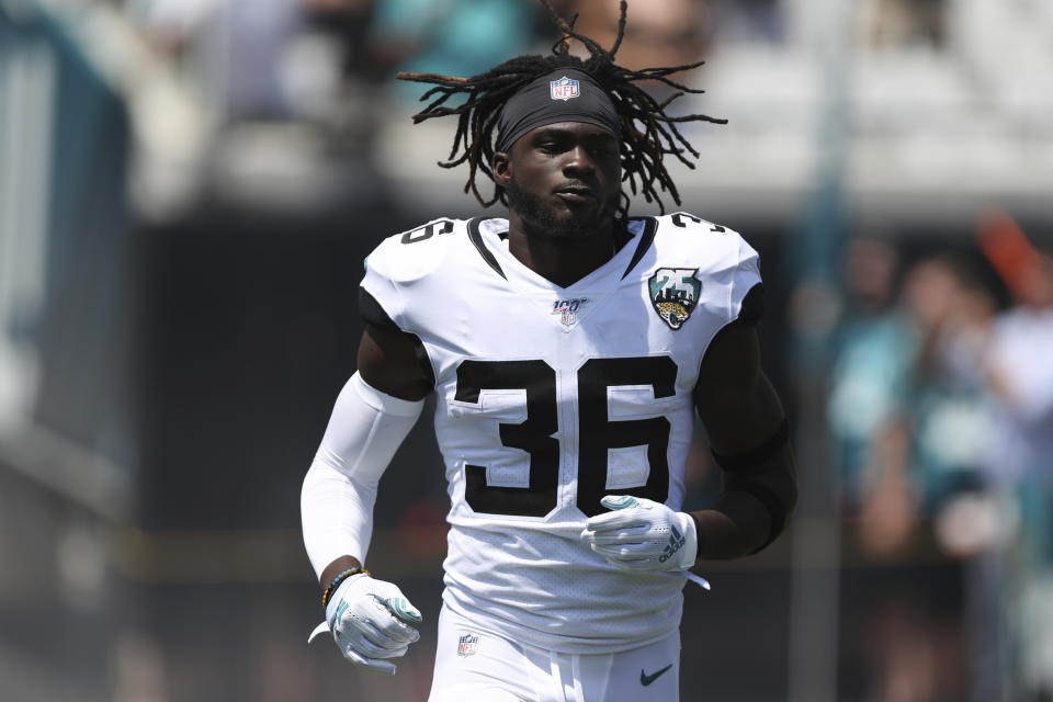 FILE - In this Sept. 8, 2019, file photo, Jacksonville Jaguars defensive back Ronnie Harrison (36) is introduced during an NFL football game against the Kansas City Chiefs in Jacksonville, Fla. The Cleveland Browns have acquired safety Harrison in a trade with the Jaguars, who will receive a fifth-round pick in 2021 from Cleveland. (AP Photo/Perry Knotts, File)