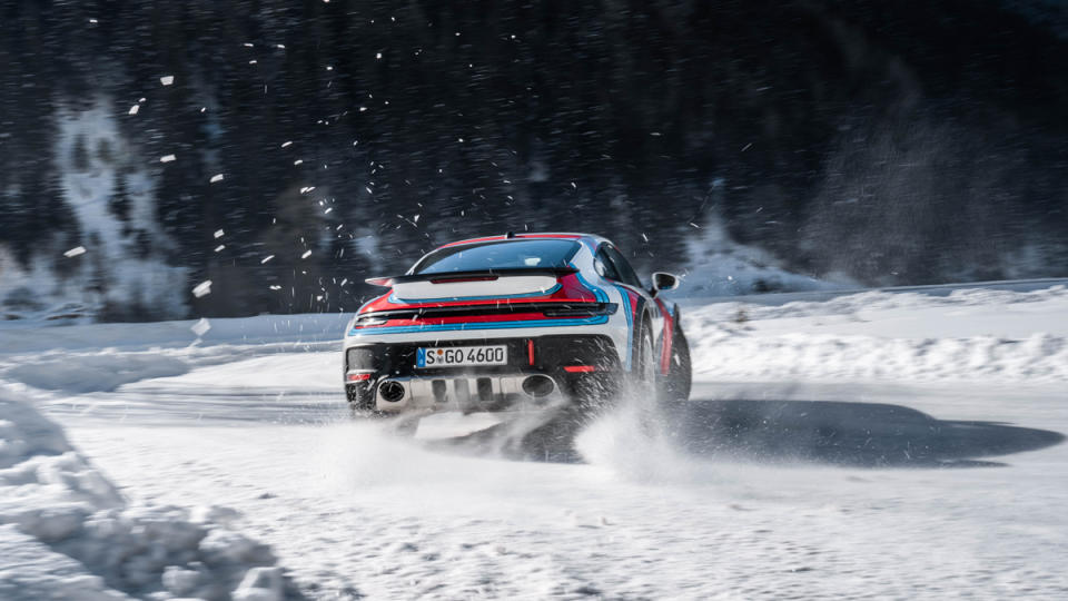 A Porsche races on ice in Zell am See, Austria.