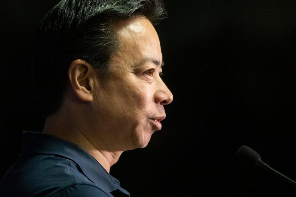 Mayor Ken Sim is pictured during the announcement of a budget task force in Vancouver, British Columbia on Monday, April 3, 2023. 