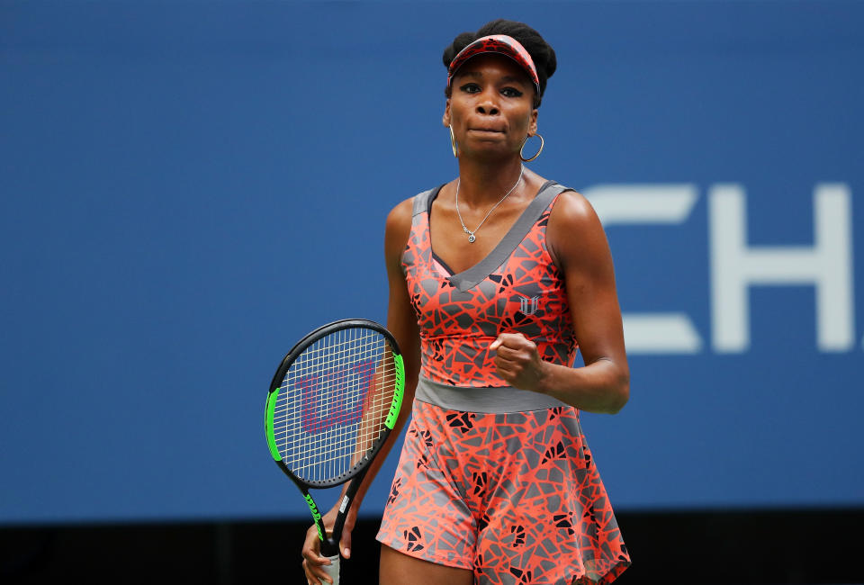 <p>Venus Williams of the United States reacts during her first round Women’s Single match against Viktoria Kuzmova of Slovakia on Day One of the 2017 US Open at the USTA Billie Jean King National Tennis Center on August 28, 2017 in the Flushing neighborhood of the Queens borough of New York City. (Photo by Richard Heathcote/Getty Images) </p>