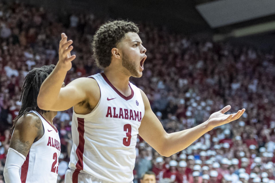 Alabama forward Alex Reese (3) reacts to a call during the first half of an NCAA college basketball game against Auburn, Wednesday, Jan. 15, 2020, in Tuscaloosa, Ala. (AP Photo/Vasha Hunt)
