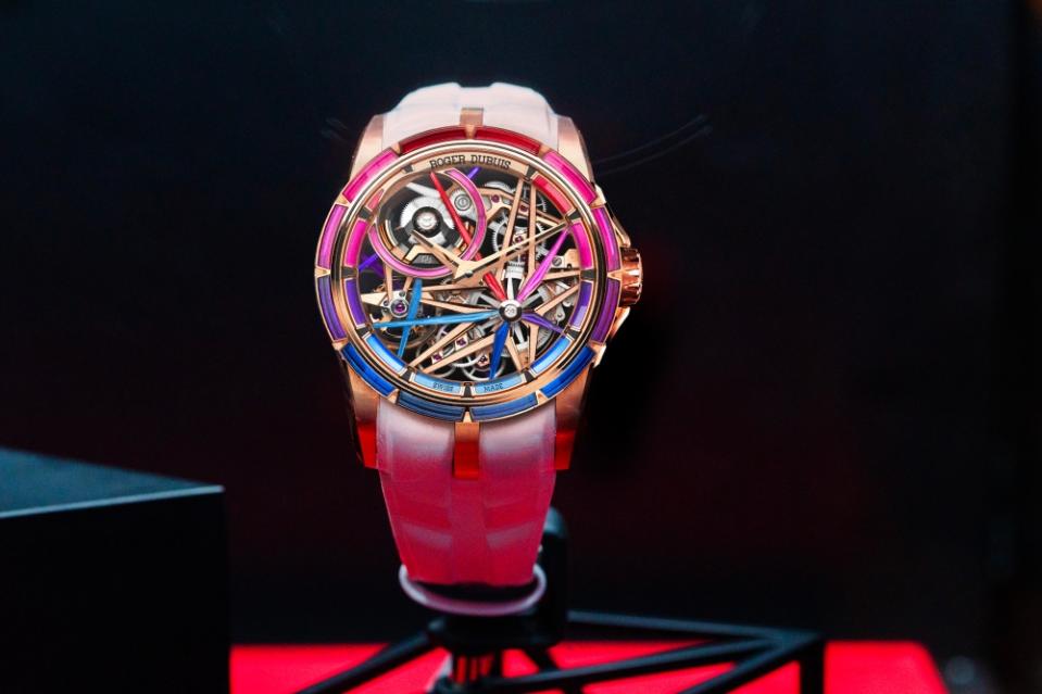 Highlight of the brand’s opening party was the world premiere of the Excalibur Backlight Spin-Stone TM Monobalancier. — Picture courtesy of Roger Dubuis