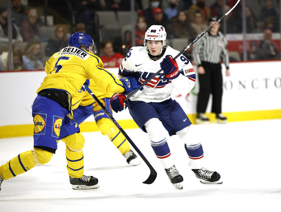 Logan Cooley#92 will be a big part of USA's attack at the World Juniors. (Photo by Dale Preston/Getty Images)