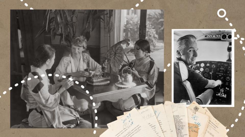 <div class="inline-image__caption"><p>Amelia Earhart in a Japanese restaurant in Hawaii wearing her yellow silk kimono before taking off on her record-breaking flight from Honolulu to California in 1935. Elgen Long, right, helped investigate the disappearance of Earhart.</p></div> <div class="inline-image__credit">Photo Illustration by Luis G. Rendon/The Daily Beast/Getty/Matson Archives/Heritage Auctions, HA.com/Alamy</div>