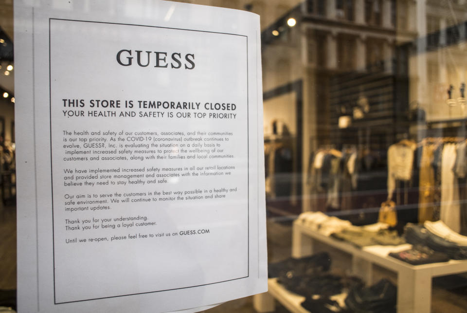 NEW YORK, NY - March 18  MANDATORY CREDIT Bill Tompkins/Getty Images GUESS store(s) closing(s) due to the coronavirus COVID-19 pandemic on March 18, 2020 in New York City. (Photo by Bill Tompkins/Getty Images)