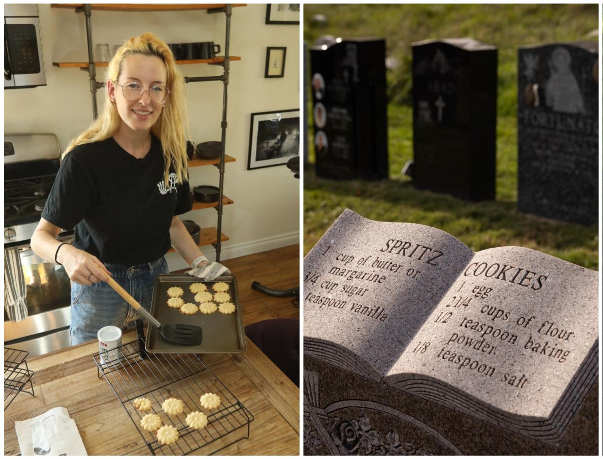 Rosie Grant haciendo las galletas de la receta que encontró en la tumba de un cementerio de Nueva York.(Foto: David Swanson / AFP / Getty Images / Yuki Iwamura / AFP / Getty Images).