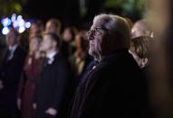 Germany's Federal President Frank-Walter Steinmeier attends commemorative events marking the 80th anniversary of the Babi Yar massacre of Kyiv Jews perpetrated by German occupying forces in 1941 in Kyiv, Ukraine, Wednesday, Oct. 6, 2021. (Ukrainian Presidential Press Office via AP)