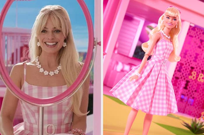 Side-by-side of Margot Robbie and her Barbie doll