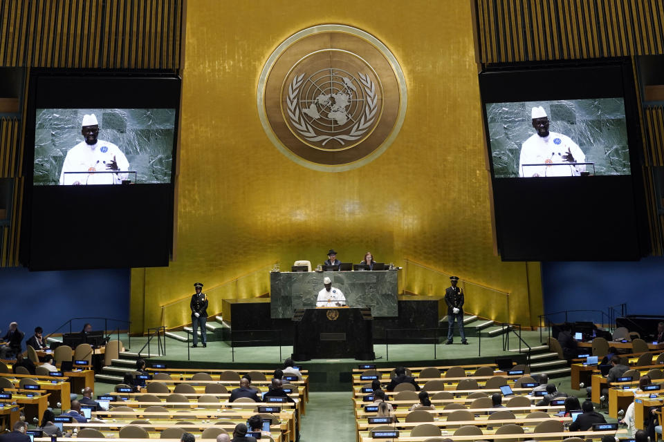 Guinea's President Mamadi Doumbouya addresses the 78th session of the United Nations General Assembly, Thursday, Sept. 21, 2023. (AP Photo/Richard Drew)