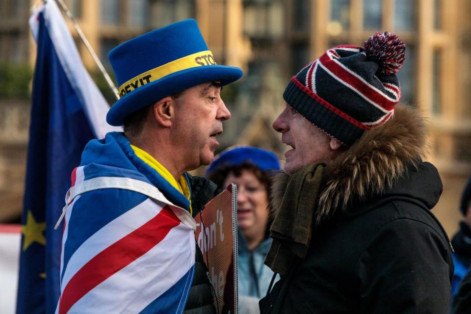 Anti-Brexit protester Steve Bray arguing with a pro-Brexit protester outside Parliament (Getty Images)