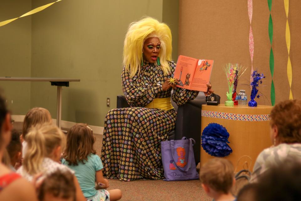 Harmonica Sunbeam, pictured hosting Drag Story Hour at the Rahway Public Library in 2018.