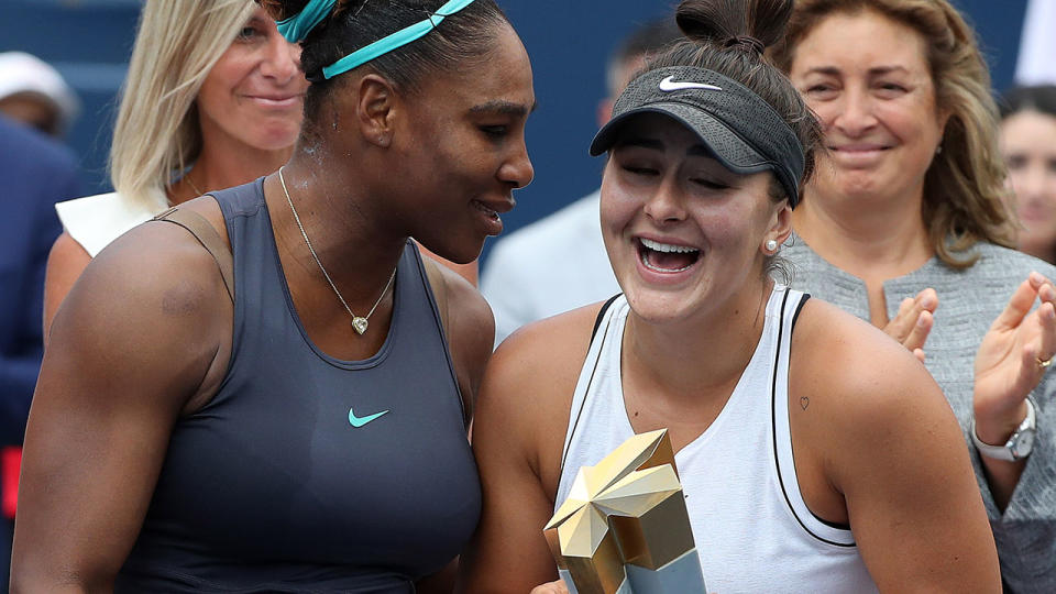 Serena Williams and Bianca Andreescu shared a nice moment in the trophy presentation after the final.        (Steve Russell/Toronto Star via Getty Images)