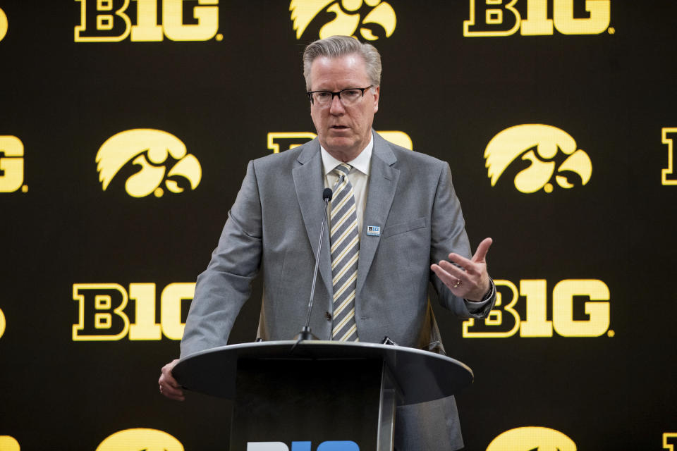 FILE - Iowa men's head coach Fran McCaffery addresses the media during the first day of the Big Ten NCAA college basketball media days, Thursday, Oct. 7, 2021, in Indianapolis. McCaffery goes into this season without two players who combined to average nearly 40 points and 15 rebounds per game last season. Both were NBA draft picks, one was national player of the year. Yes, Iowa's 12th-year coach has his work cut out for him. (AP Photo/Doug McSchooler)