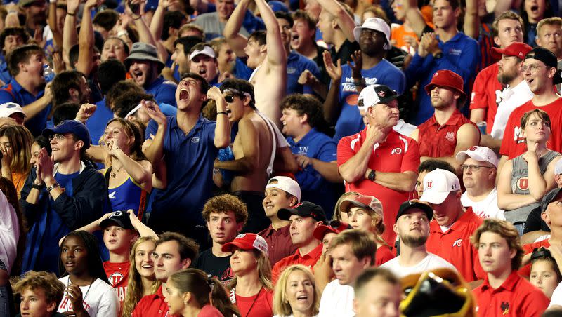 Gator fans cheer as Utah Utes fans show their disappointment after a Gator score as Utah and Florida play in Gainesville, Fla., on Saturday, Sept. 3, 2022. Florida won 29-26. The rematch is  Thursday in Salt Lake City.