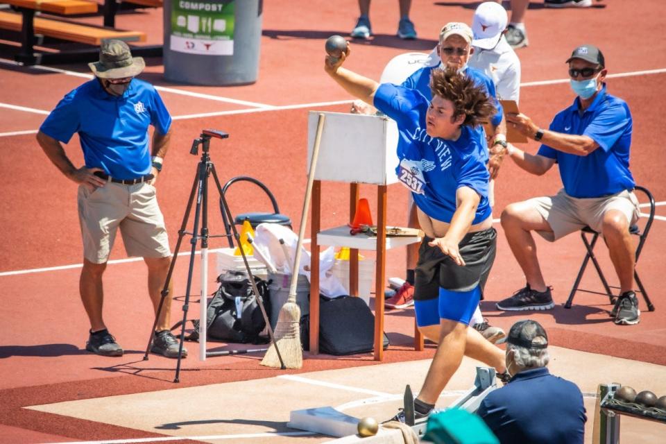 City View's Mason Hill competes in the Class 3A boys shot put at the UIL State Track & Field Championships on Thursday, May 6, 2021, at Mike A. Myers Stadium in Austin.