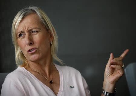 Tennis legend Martina Navratilova speaks as she meets the media in Singapore August 15, 2014. REUTERS/Edgar Su