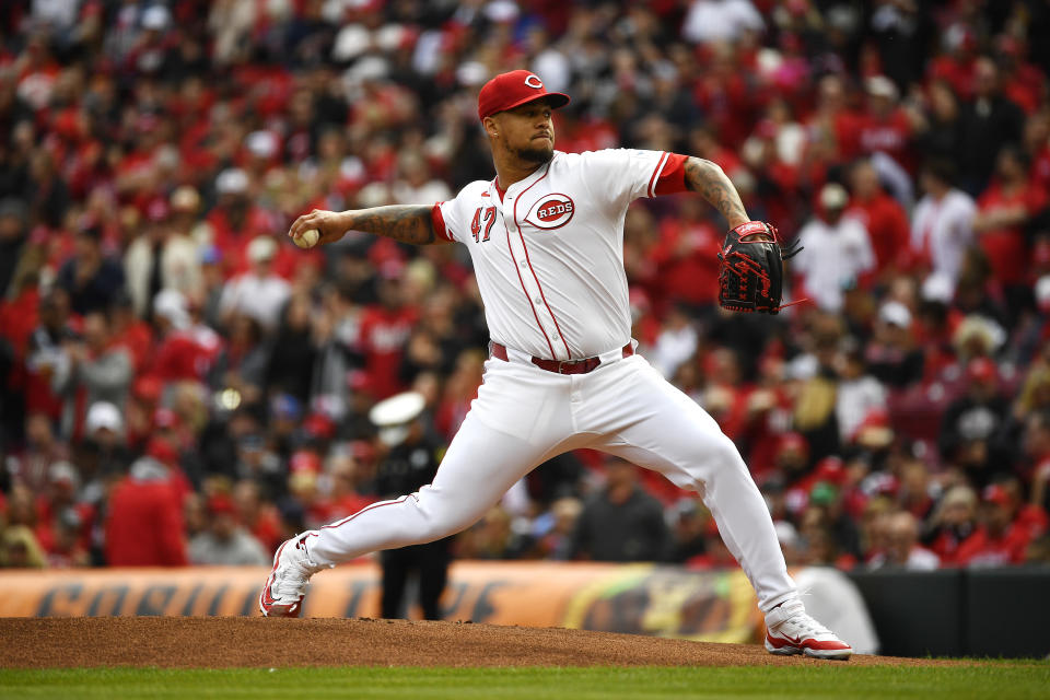 Cincinnati Reds starting pitcher Frankie Montas (47) throws during the first inning of an opening day baseball game against the Washington Nationals in Cincinnati, Thursday, March 28, 2024. (AP Photo/Timothy D. Easley)