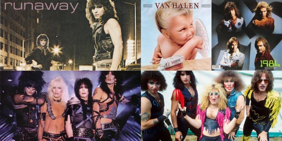 Album covers and promo photos for "Runaway," the first Bon Jovi single, Van Halen's seminal "1984," Mötley Crüe's "Shout at the Devil," and Twisted Sister's "We're Not Gonna Take It."