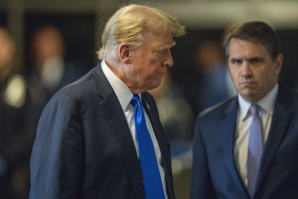 Former President Donald Trump arrives at Manhattan criminal court during jury deliberations in his criminal hush money trial in New York, Thursday, May 30, 2024. (Steven Hirsch/New York Post via AP, Pool)