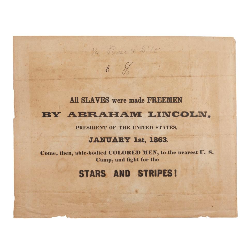 The “Civil War & African American History: Wm. T. Sherman Collection" being auctioned off Tuesday and Wednesday by Fleischer's Auctions includes this broadside written by Frederick Douglass to recruit Black men to during the Civil War.