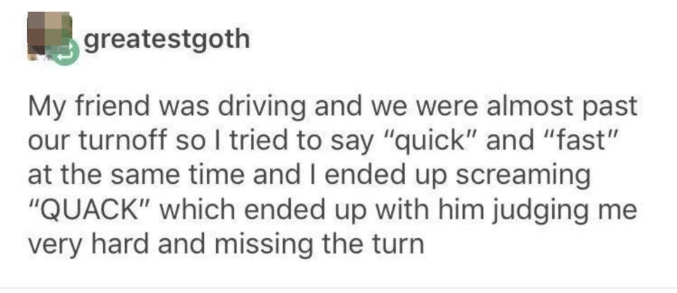 Tumblr post: "My friend was driving and we were almost past our turnoff so i tried to say 'quick' and 'fast' at the same time and ended up screaming 'quack'"