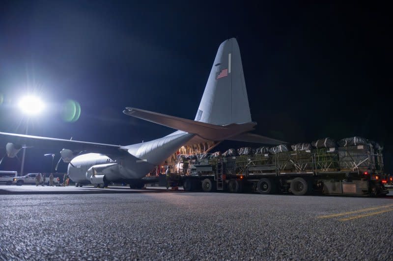 A U.S. Air Force C-130J Super Hercules deployed to an undisclosed location in the U.S. Central Command area of responsibility, is loaded with humanitarian aid destined for an airdrop over Gaza, on Tuesday, March 5, 2024. An attack on a food distribution point in Gaza City Thursday killed 21 and wounded at least 150 others. Photo via U.S. Air Force Courtesy/UPI