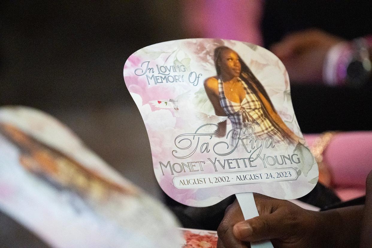 Sep 7, 2023; Columbus, Ohio, USA; Family and friends mourn the loss of Ta'Kiya Young and her unborn daughter who died Aug. 24 after a Blendon Township police officer shot Young through the windshield of a car in the Kroger parking lot, on Sunbury Road.