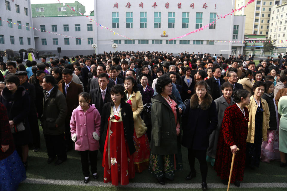 North Koreans wait for their turn to vote during the election at a polling station in Pyongyang, North Korea, Sunday, March 10, 2019. Millions of North Korean voters, including leader Kim Jong Un, are going to the polls to elect roughly 700 members to the national legislature. In typical North Korean style, voters are presented with just one state-sanctioned candidate per district and they cast ballots to show their approval or, very rarely, disapproval. (AP Photo/Dita Alangkara)