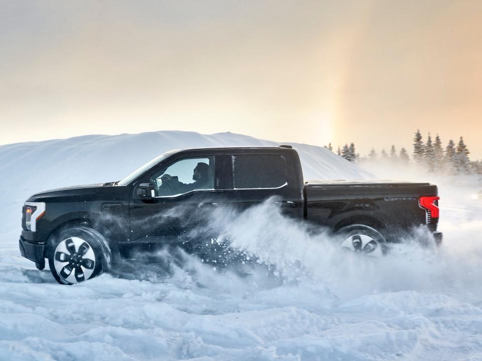 The 2022 Ford F-150 Lightning winter testing in the snow.